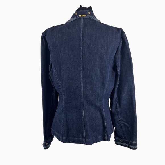 VTG St John Sport Classic Chic Preppy Denim Jacket Frayed Trim & Gold Details L - Picture 11 of 16